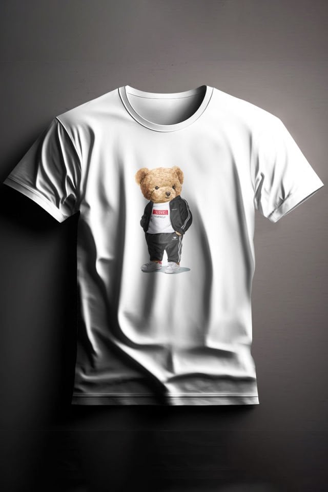 Unisex Baskılı Beyaz Tişört Love Bear
