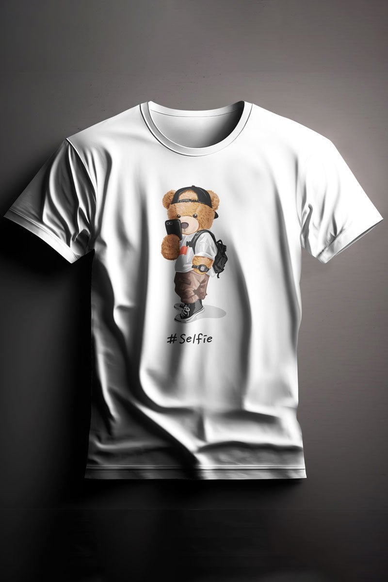 Unisex Baskılı Beyaz Tişört Selfie Bear