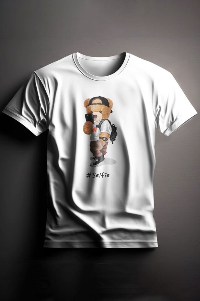 Unisex Baskılı Beyaz Tişört Selfie Bear