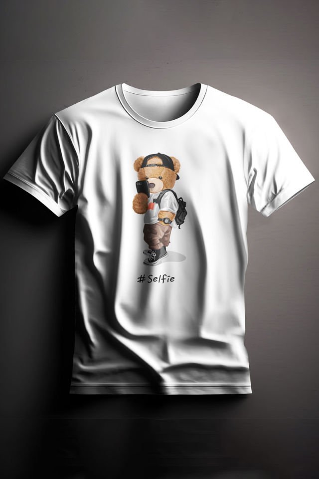 Unisex Baskılı Beyaz Tişört Selfie Bear