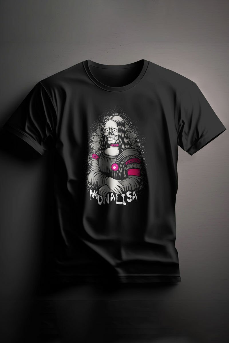Unisex Baskılı Siyah Tişört Monalisa