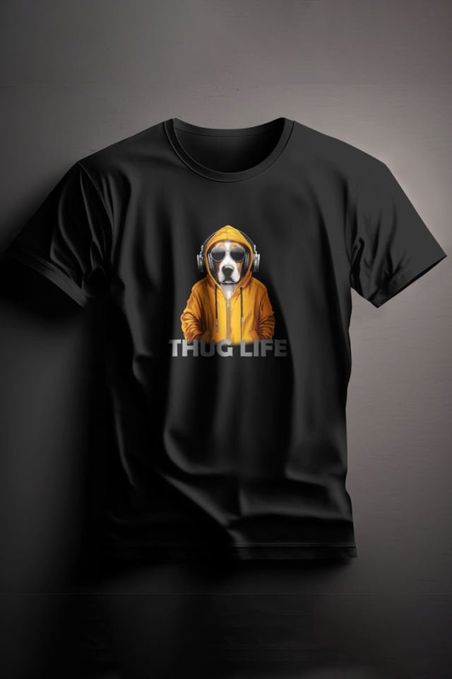 Unisex Baskılı Siyah Tişört Thuglife