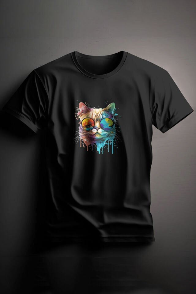 Unisex Baskılı Siyah Tişört Color Cat