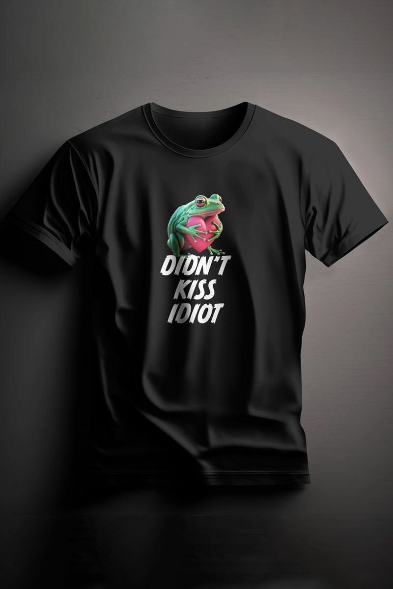 Unisex Baskılı Siyah Tişört Didn't Kiss