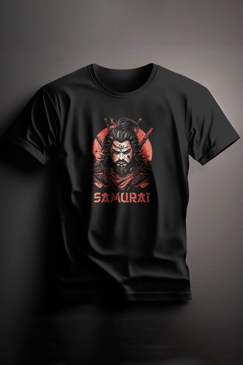 Unisex Baskılı Siyah Tişört Samurai