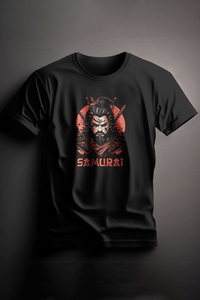 Unisex Baskılı Siyah Tişört Samurai