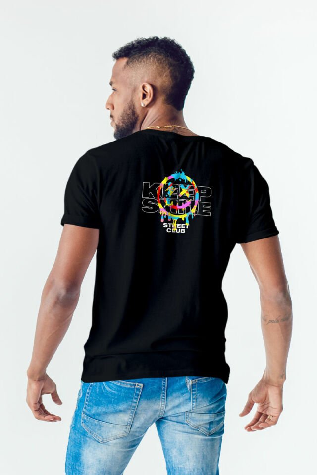 Oversize Baskılı Siyah Tişört Keep Smile