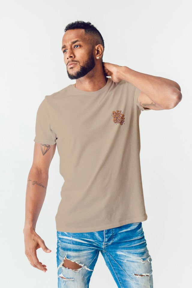 Oversize Baskılı Camel Tişört Good Vibes