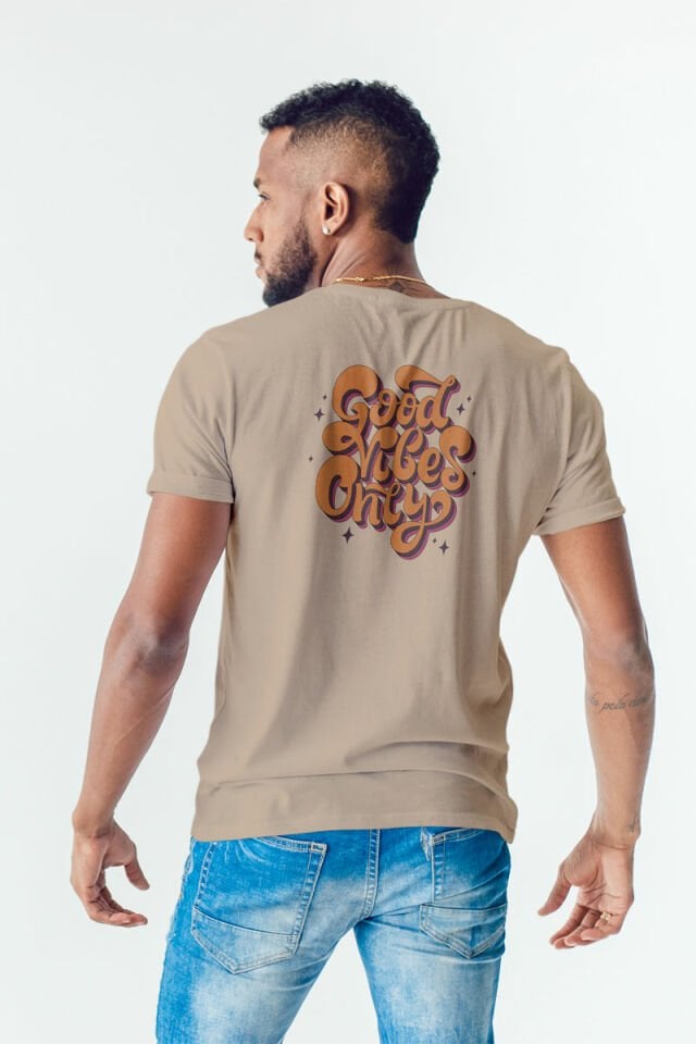 Oversize Baskılı Camel Tişört Good Vibes