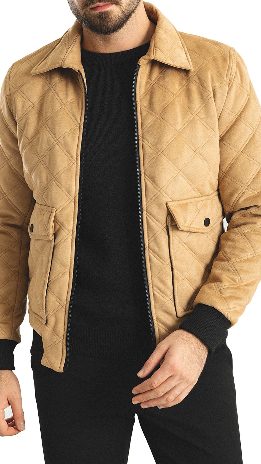 Desenli Bej Rengi Slim Fit Gömlek Yaka Süet Erkek Mont