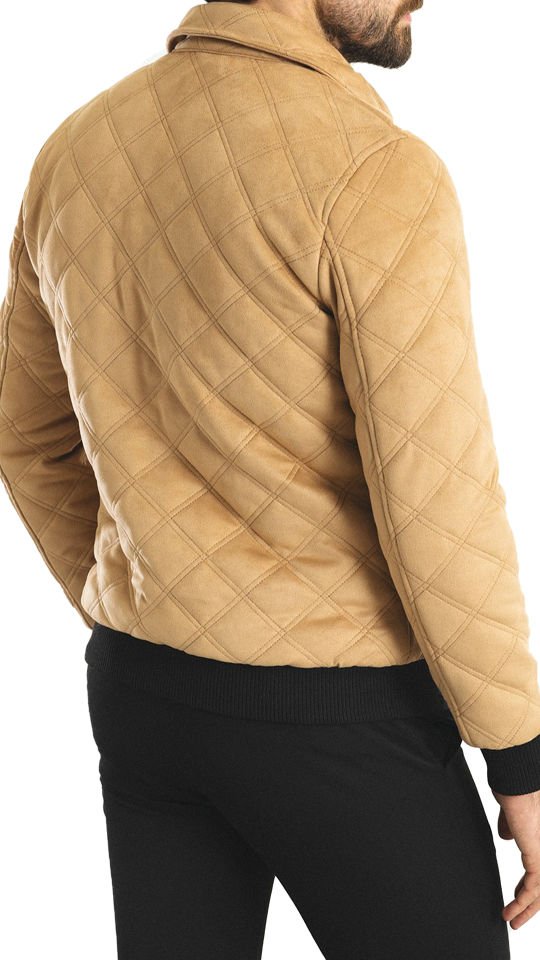 Desenli Bej Rengi Slim Fit Gömlek Yaka Süet Erkek Mont