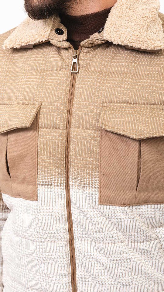 Parçalı Bej Rengi Slim Fit Kürklü Yaka Erkek Mont