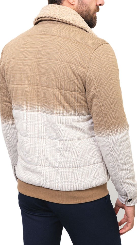 Parçalı Bej Rengi Slim Fit Kürklü Yaka Erkek Mont