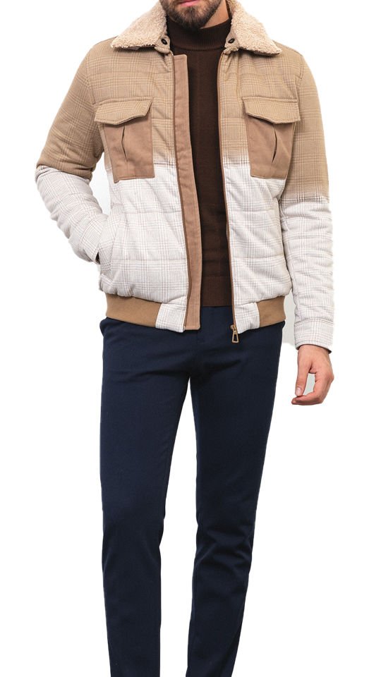 Parçalı Bej Rengi Slim Fit Kürklü Yaka Erkek Mont