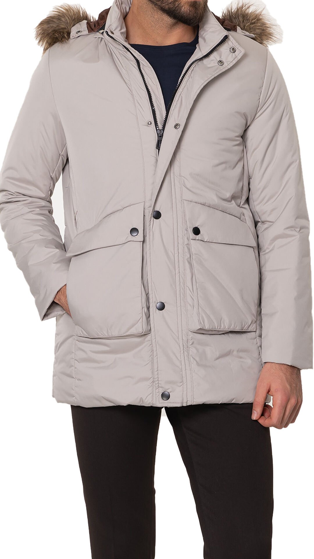 Düz Taş Rengi Torba Cep Slim Fit Kürklü Kapüşonlu Erkek Kaban