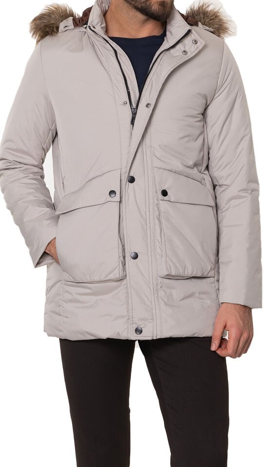Düz Taş Rengi Torba Cep Slim Fit Kürklü Kapüşonlu Erkek Kaban