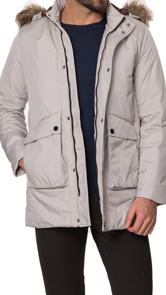 Düz Taş Rengi Torba Cep Slim Fit Kürklü Kapüşonlu Erkek Kaban