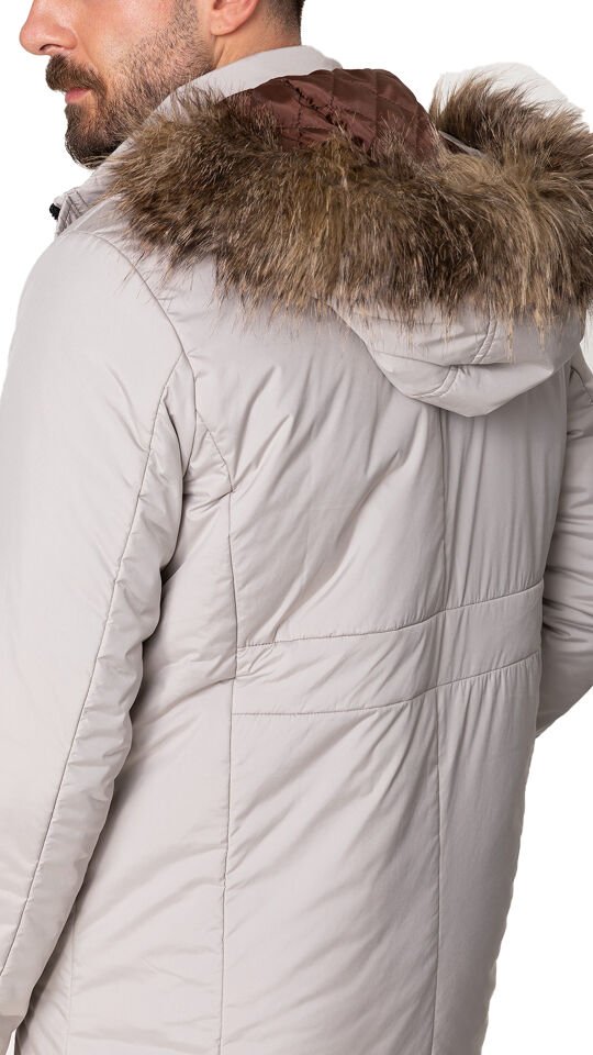 Düz Taş Rengi Torba Cep Slim Fit Kürklü Kapüşonlu Erkek Kaban