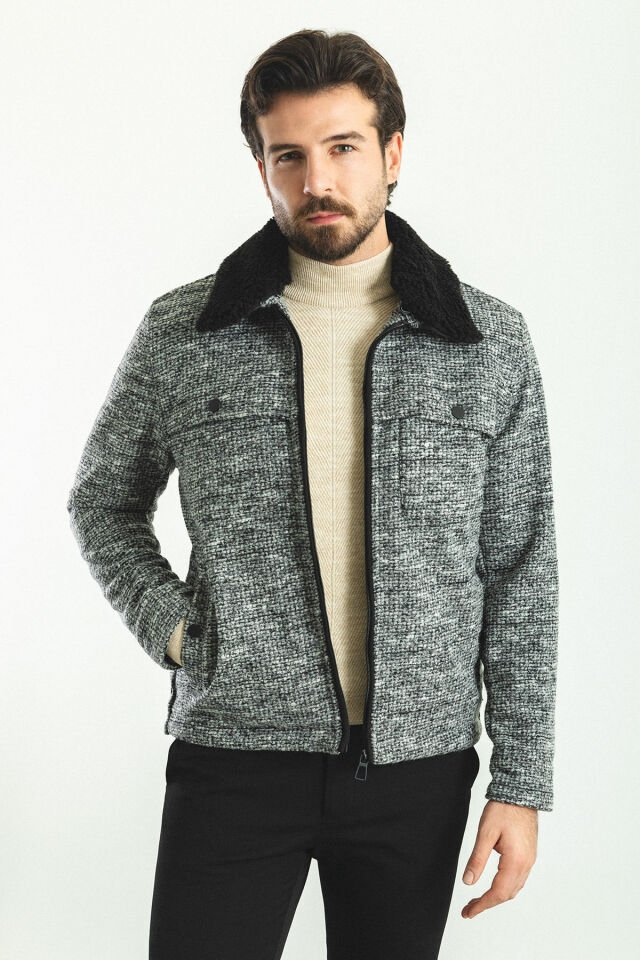 Desenli Siyah Renk Slim Fit Yaka Kürklü Yün Erkek Mont