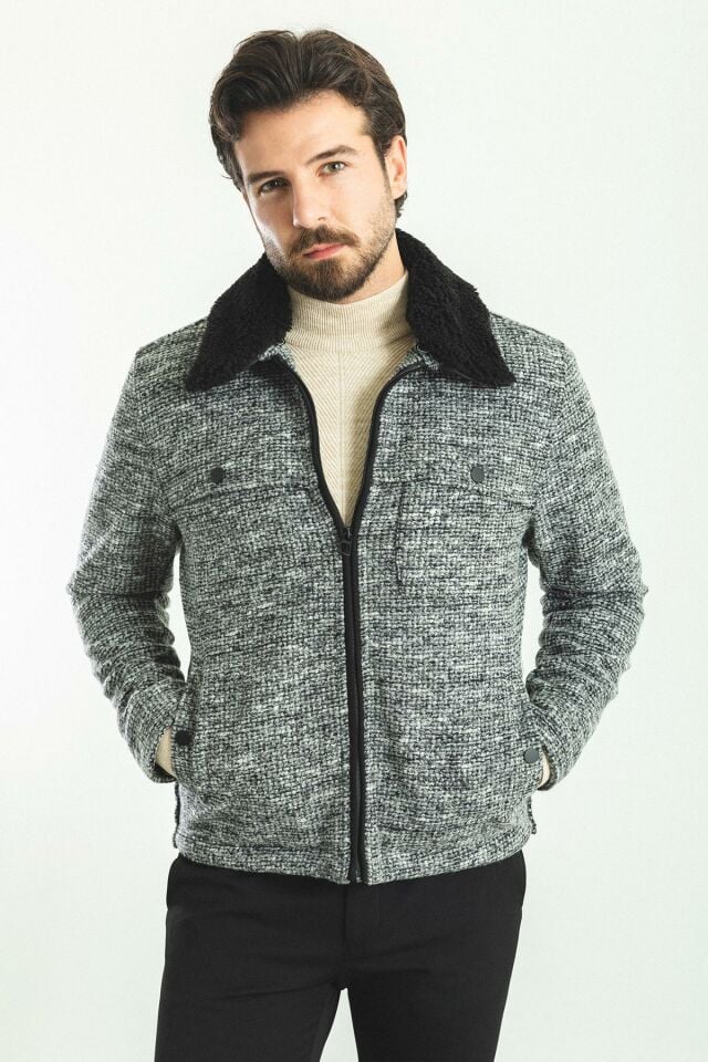 Desenli Siyah Renk Slim Fit Yaka Kürklü Yün Erkek Mont
