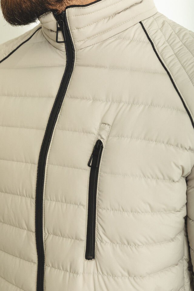 Striped Stone Color Slim Fit Ruched Collar Men's Down Jacket