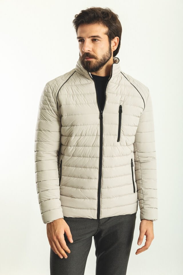 Striped Stone Color Slim Fit Ruched Collar Men's Down Jacket