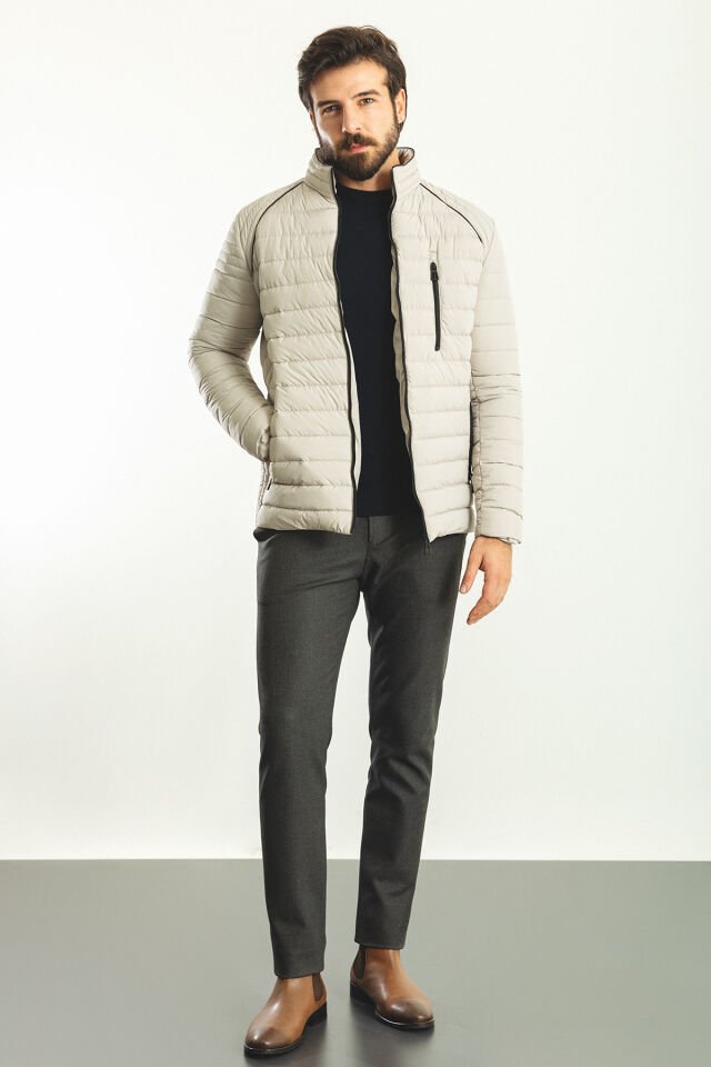Striped Stone Color Slim Fit Ruched Collar Men's Down Jacket
