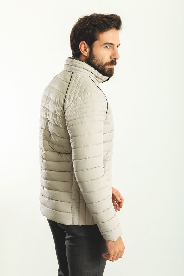 Striped Stone Color Slim Fit Ruched Collar Men's Down Jacket