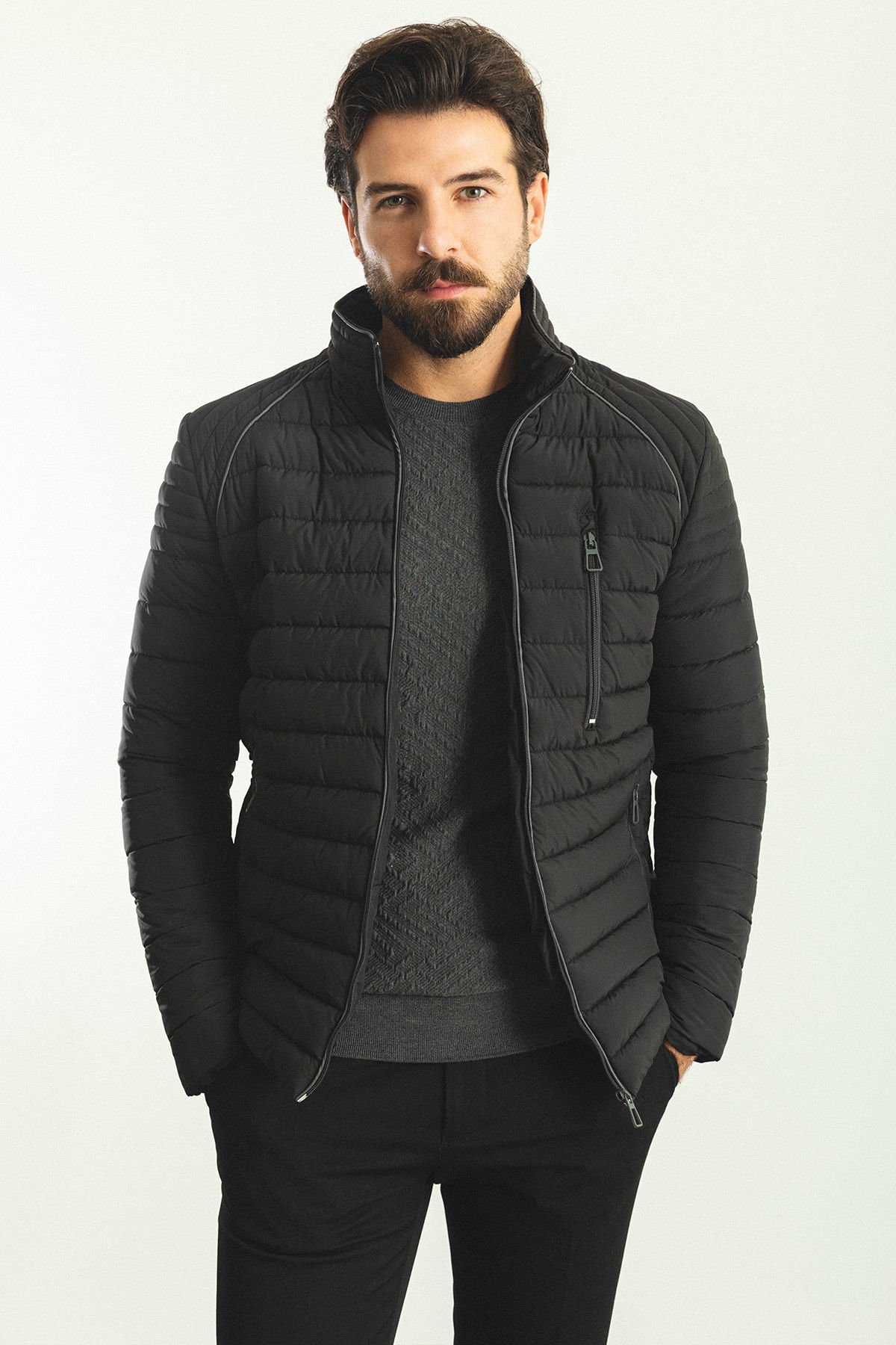 Çizgili Siyah Renk Slim Fit Hakim Yaka Şişme Erkek Mont