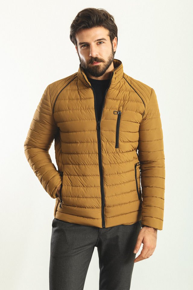 Çizgili Kamel Rengi Slim Fit Hakim Yaka Şişme Erkek Mont