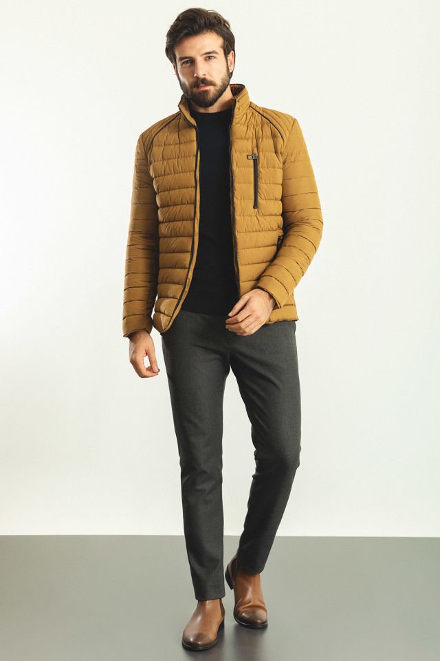 Çizgili Kamel Rengi Slim Fit Hakim Yaka Şişme Erkek Mont
