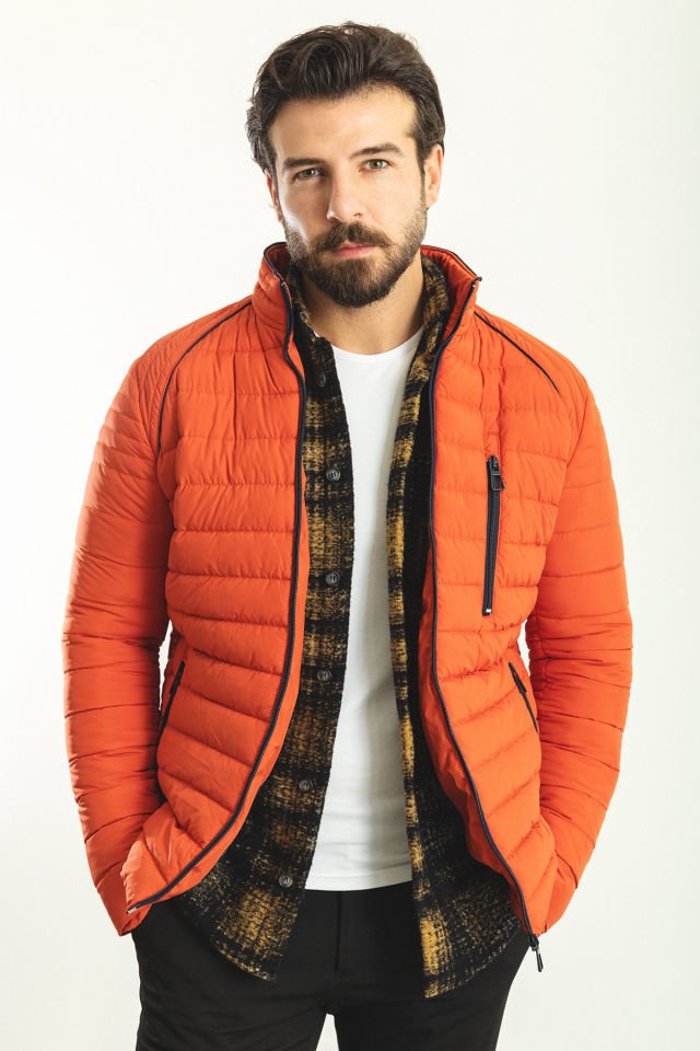 Çizgili Oranj Rengi Slim Fit Hakim Yaka Şişme Erkek Mont