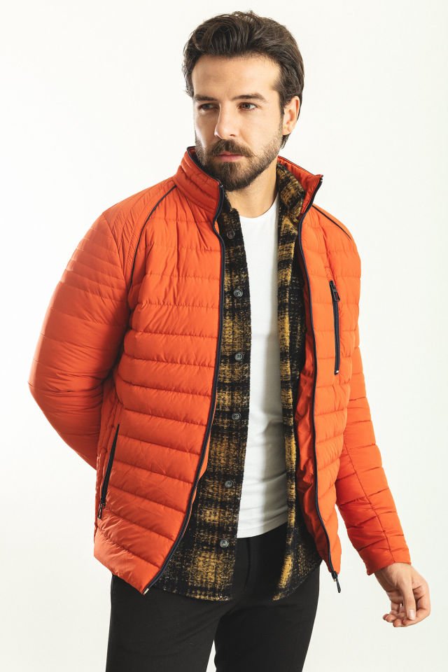 Çizgili Oranj Rengi Slim Fit Hakim Yaka Şişme Erkek Mont