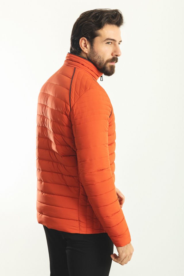 Çizgili Oranj Rengi Slim Fit Hakim Yaka Şişme Erkek Mont