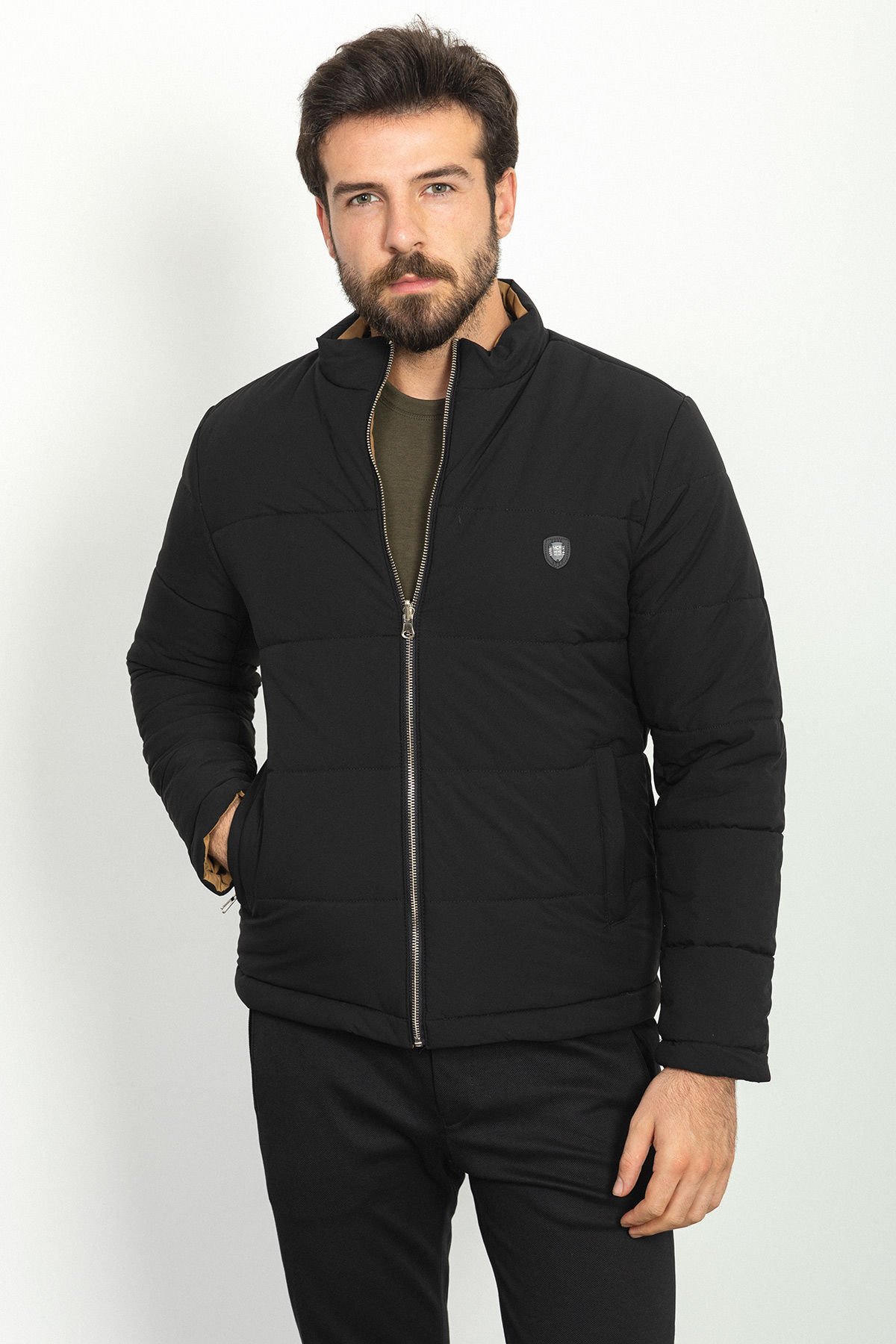 Double Sided Black Color Slim Fit Rugged Collar Inflatable Men's Coat
