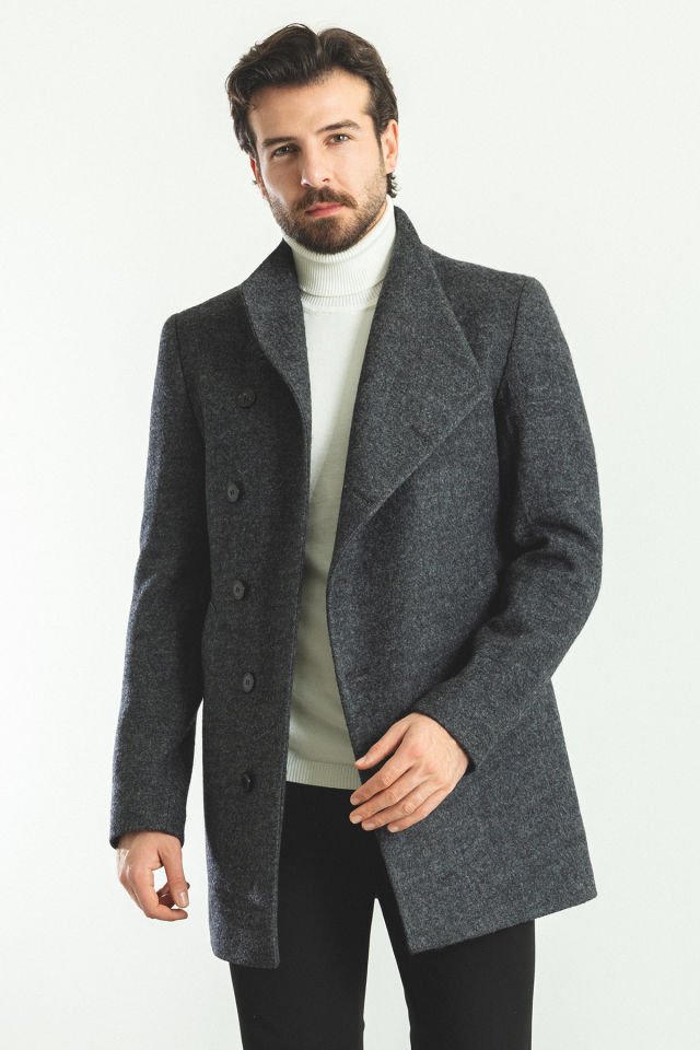 Düz Antrasit Rengi Slim Fit Şal Yaka Yün Erkek Kaban