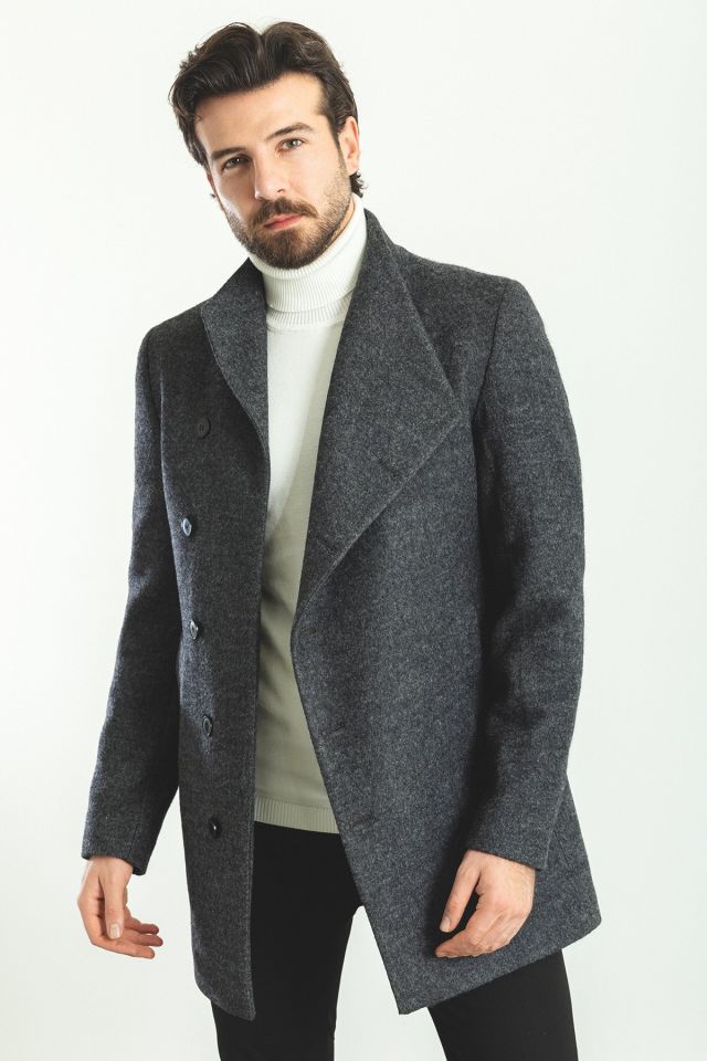 Düz Antrasit Rengi Slim Fit Şal Yaka Yün Erkek Kaban