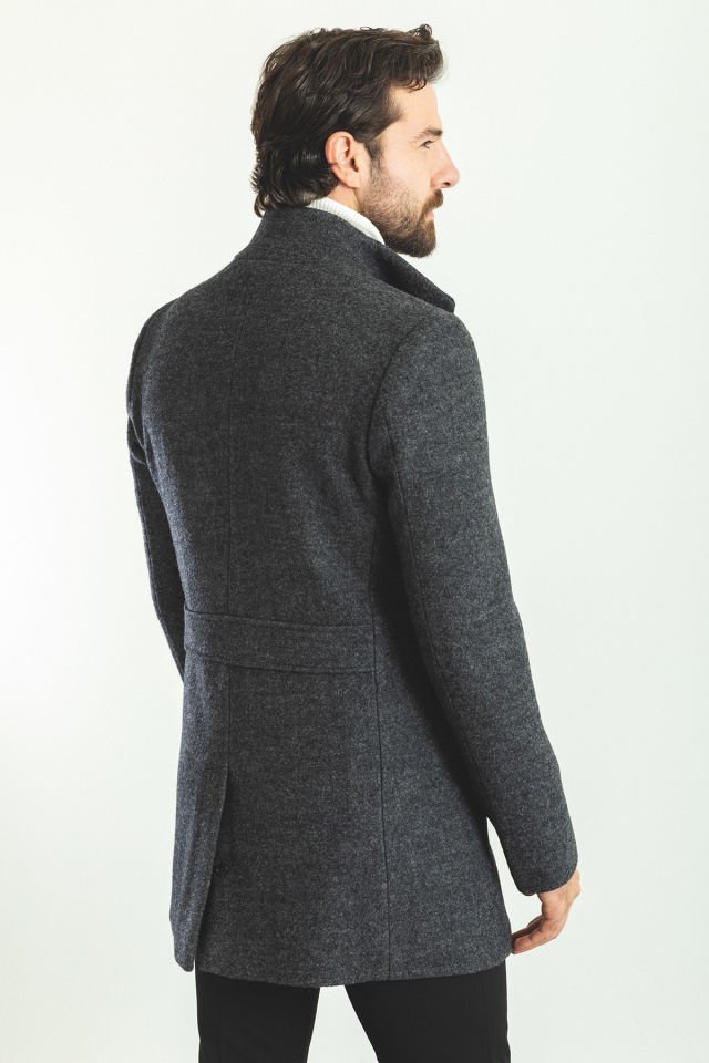 Düz Antrasit Rengi Slim Fit Şal Yaka Yün Erkek Kaban