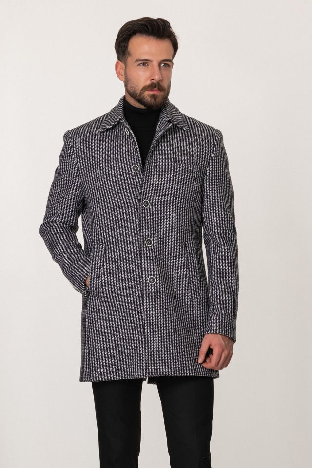 Çizgili Siyah Renk Slim Fit Gömlek Yaka Yün Erkek Kaban
