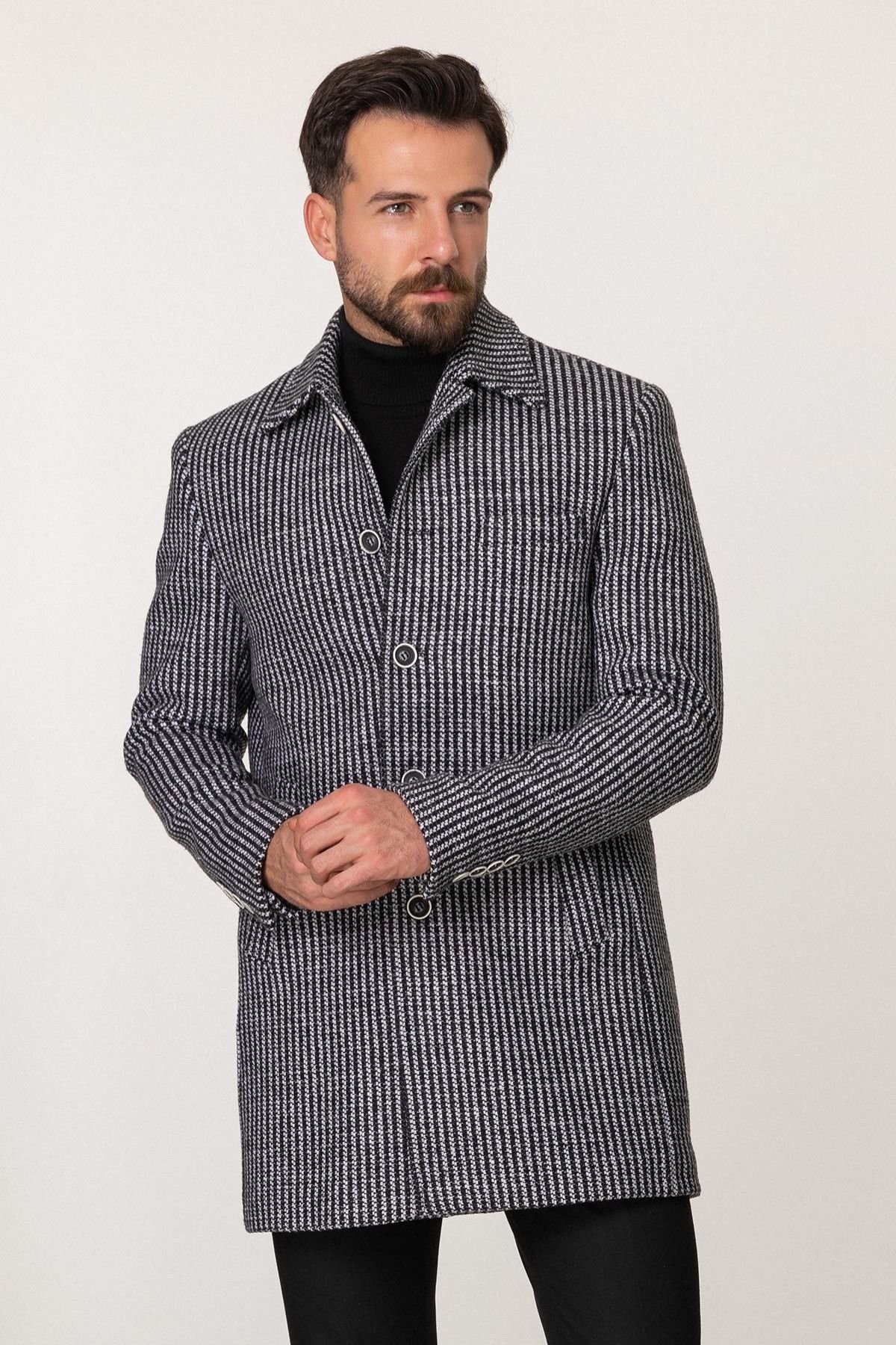 Çizgili Siyah Renk Slim Fit Gömlek Yaka Yün Erkek Kaban