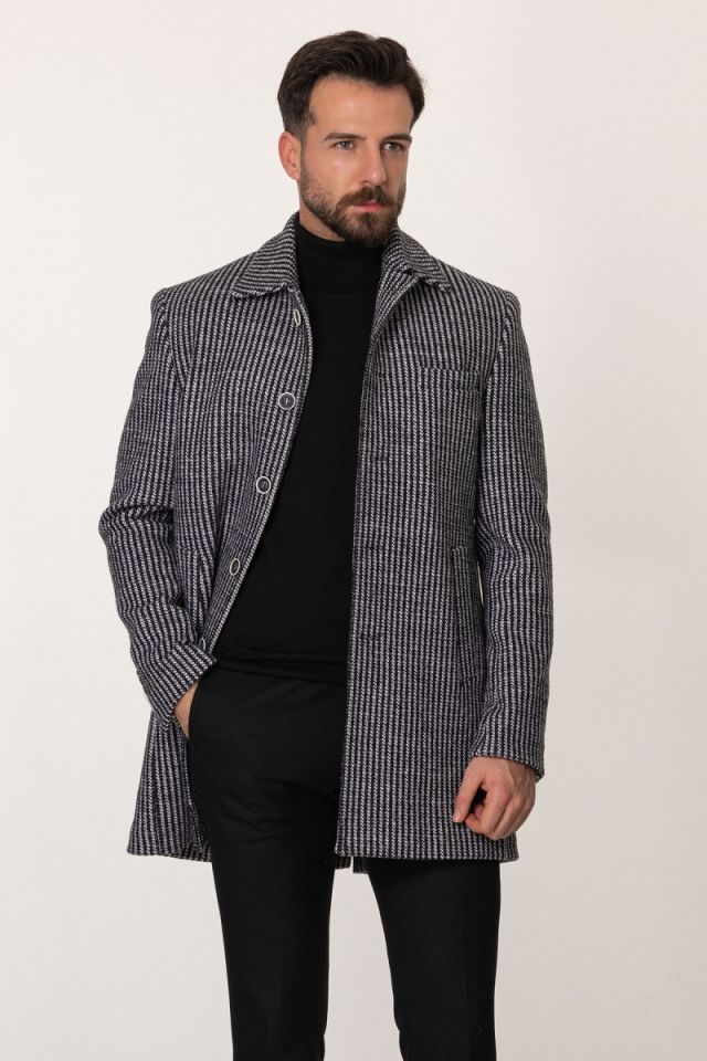 Çizgili Siyah Renk Slim Fit Gömlek Yaka Yün Erkek Kaban