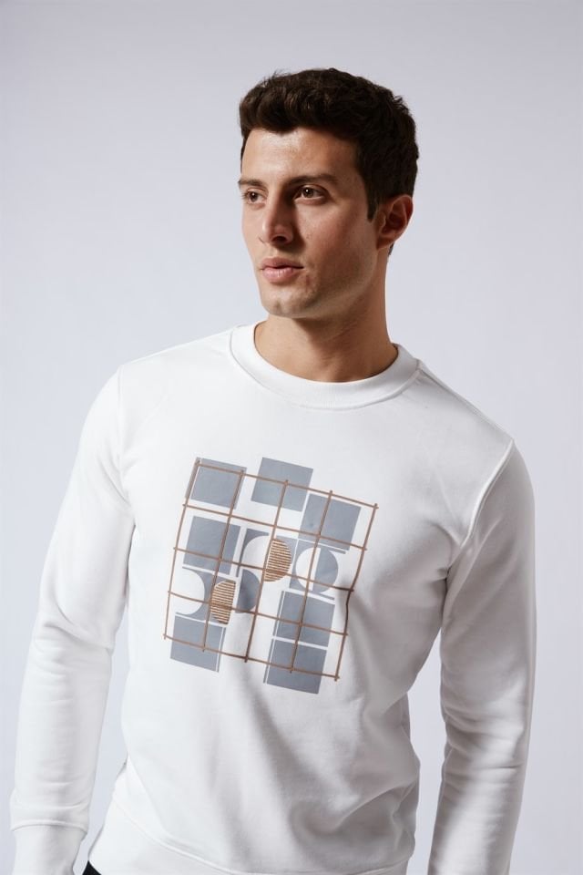 Üzeri Baskılı Bisiklet Yaka Sweatshirt Ekru