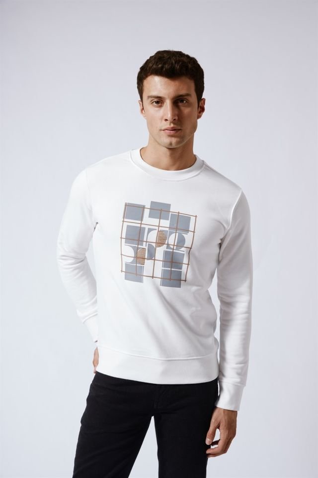 Üzeri Baskılı Bisiklet Yaka Sweatshirt Ekru