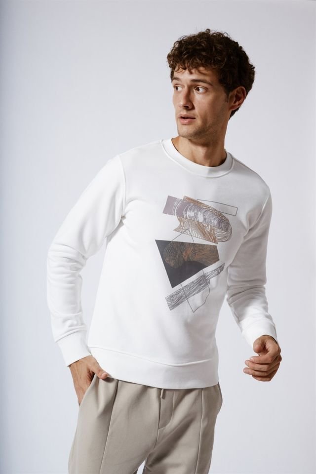 Printed Slim Fit Basic Sweatshirt Ecru XL