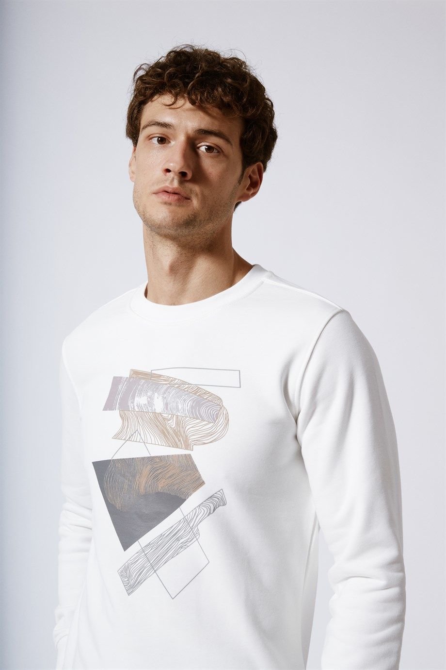 Printed Slim Fit Basic Sweatshirt Ecru XL