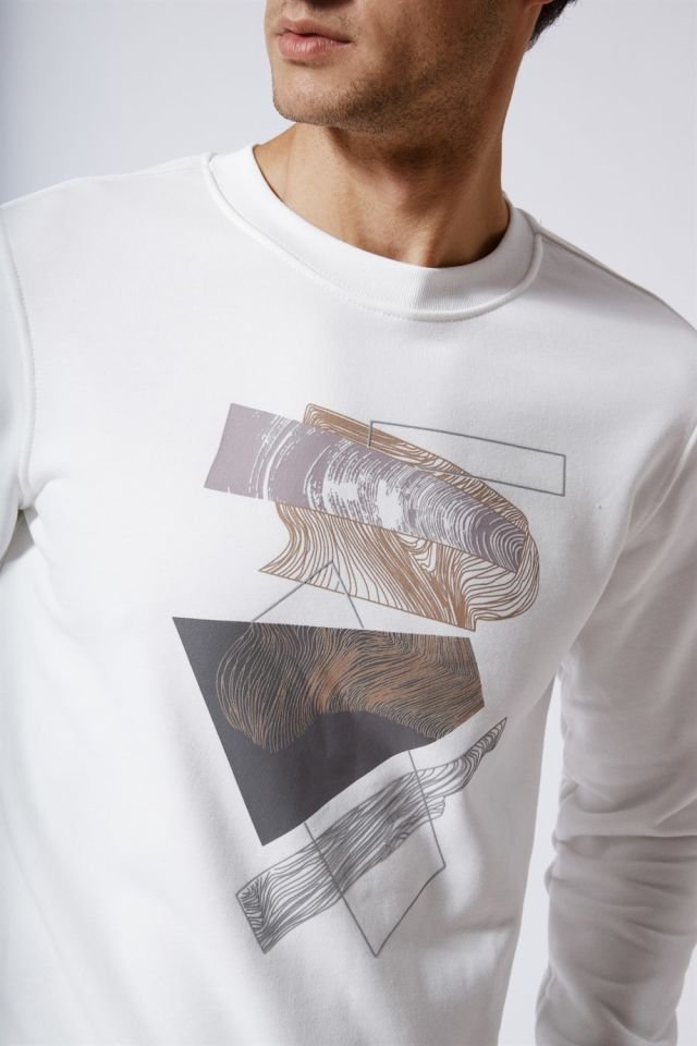 Printed Slim Fit Basic Sweatshirt Ecru XL