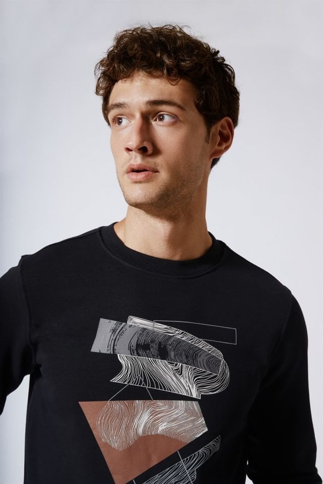 Üzeri Baskılı Slim Fit Basic Sweatshirt Siyah