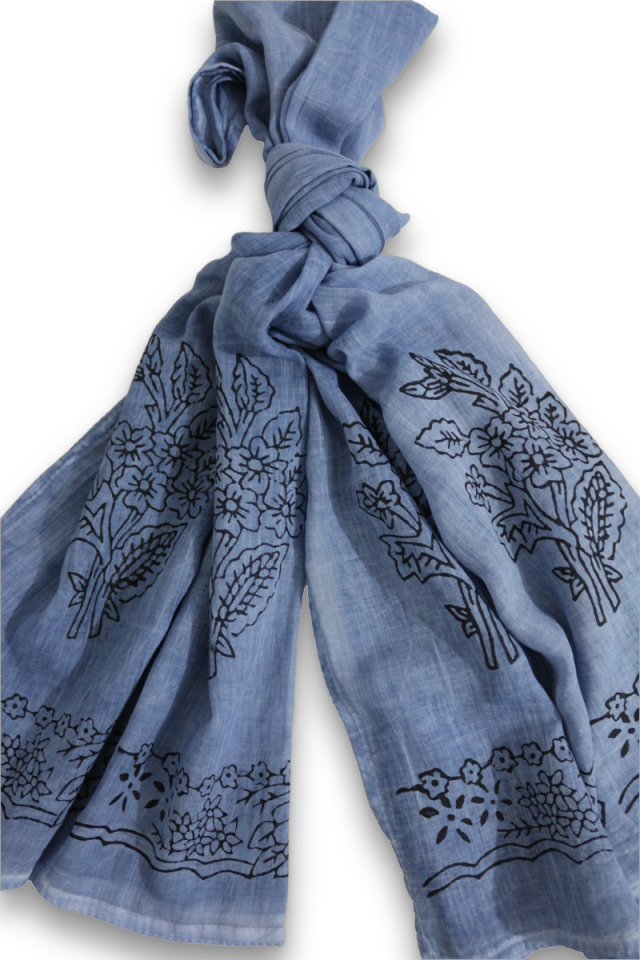 Orjinal Tokat Geleneksel El Baskısı Şal Mavi